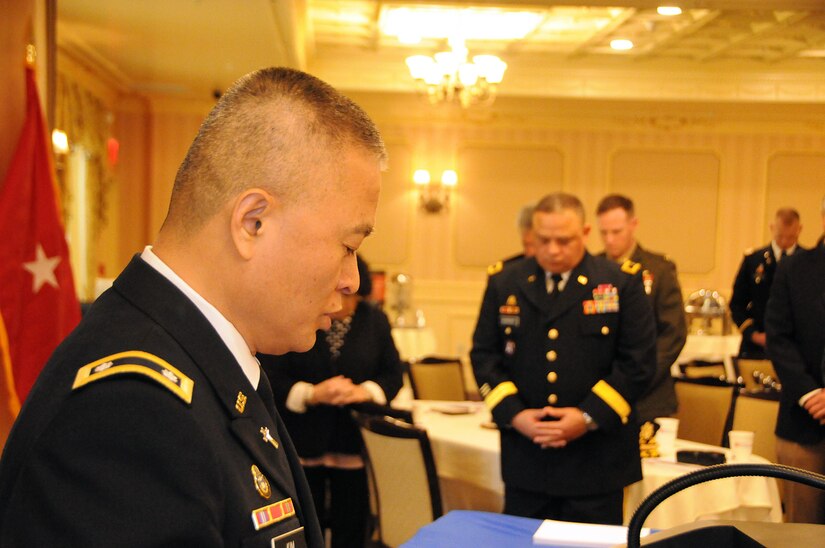 Chaplain (Lt. Col.) Sung Kim, deputy command chaplain for the U.S. Army Reserve’s 99th Regional Support Command, gives the invocation May 11 at the 10th Annual Freedom Award Nominee and Pro Patria Awards luncheon, hosted by the New Jersey Committee of Employer Support of the Guard and Reserve.  Employer Support of the Guard and Reserve is a Department of Defense program that develops and promotes supportive work environments for service members in the reserve components through outreach, recognition and educational opportunities that increase awareness of applicable laws, and resolves employment conflicts between the service members and their employers.