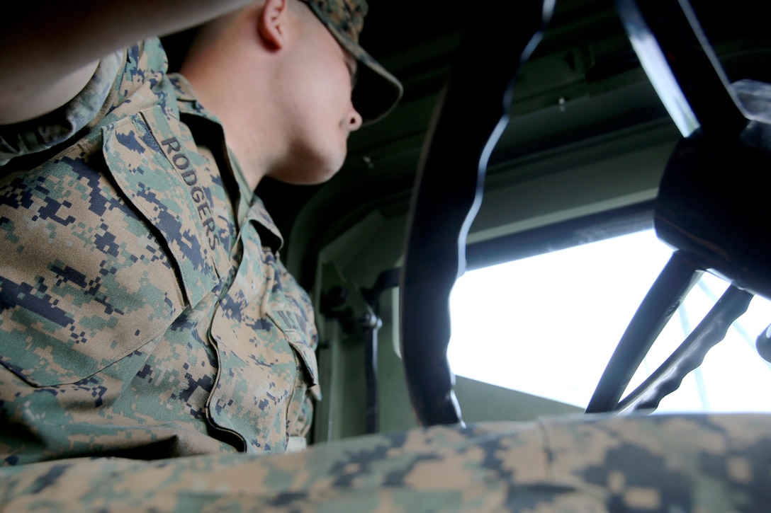 Pfc. Chase Rodgers operates a M970 semitrailer refueler truck during a Semitrailer Refueler Operator Course held at Marine Corps Air Station Cherry Point, N.C., May 9, 2017. The course was filled with a combination of Marines assigned to 2nd Marine Aircraft Wing and various other units throughout II Marine Expeditionary Force. Rodgers is a motor transport operator with 2nd Transport Battalion, Combat Logistics Regiment 2, 2nd Marine Logistics Group. (U.S. Marine Corps photo by Cpl. Jason Jimenez/ Released)