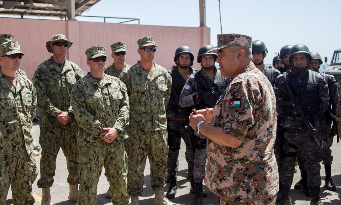 Jordanian Brig. Gen. Khalid al-Shara addresses a group of U.S. Coast Guard during an multi-national exercise in Aqaba Jordan.  Eager Lion is an annual U.S. Central Command exercise in Jordan designed to strengthen military-to-military relationships between the U.S., Jordan and other international partners. This year's iteration is comprised of about 7,200 military personnel from more than 20 nations that will respond to scenarios involving border security, command and control, cyber defense and battlespace management.  (U.S. Army photo by Sgt. Mickey A. Miller)