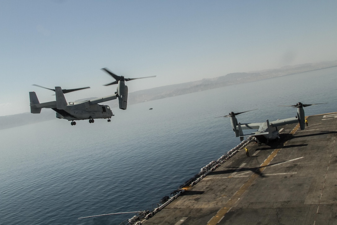 A U.S. Marine V-22 Osprey ascends the USS Bataan in Aqaba, Jordan, to begin a demo flight in support of Eager Lion 2017.   Eager Lion is an annual U.S. Central Command exercise in Jordan designed to strengthen military-to-military relationships between the U.S., Jordan and other international partners. This year's iteration is comprised of about 7,200 military personnel from more than 20 nations that will respond to scenarios involving border security, command and control, cyber defense and battlespace management.  (U.S. Army photo by Sgt. Mickey A. Miller)