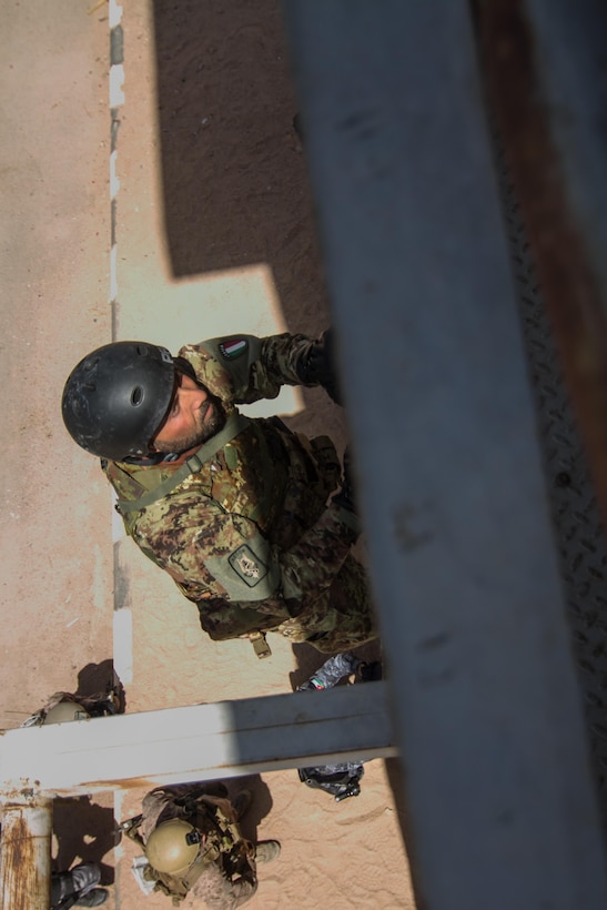 An Italian Soldier climbs a repel tower during a joint exercise at Eager Lion 2017.  Eager Lion is an annual U.S. Central Command exercise in Jordan designed to strengthen military-to-military relationships between the U.S., Jordan and other international partners. This year's iteration is comprised of about 7,200 military personnel from more than 20 nations that will respond to scenarios involving border security, command and control, cyber defense and battlespace management.  (U.S. Army photo by Sgt. Mickey A. Miller)
