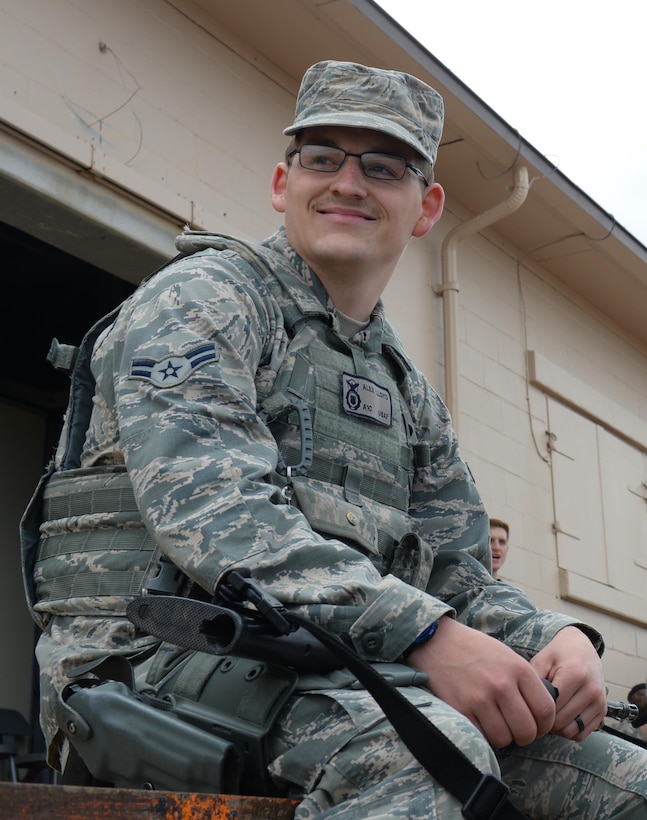 Airman 1st Class Alex Lloyd, a response force member assigned to the 28th Security Forces Squadron, waits to start the first training event at Ellsworth Air Force Base, S.D., May 9, 2017. Lloyd participated in de-escalating workplace violence via non-lethal means, and recovering injured personnel during a felony vehicle stop. (U.S. Air Force photo by Airman Nicolas Z. Erwin)