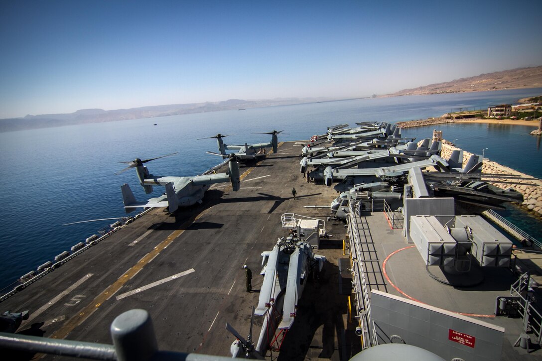 The USS Bataan ports in the Red Sea to participate in Eager Lion 2017.  Eager Lion is an annual U.S. Central Command exercise in Jordan designed to strengthen military-to-military relationships between the U.S., Jordan and other international partners. This year's iteration is comprised of about 7,200 military personnel from more than 20 nations that will respond to scenarios involving border security, command and control, cyber defense and battlespace management.  (U.S. Army photo by Sgt. Mickey A. Miller)