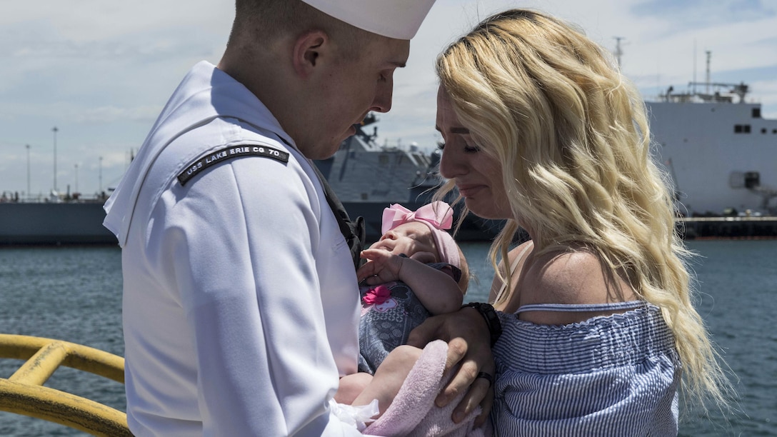 Navy Petty Officer 2nd Class Dylan Bagdasarian says goodbye to his wife and daughter in San Diego, May 8, 2017, before setting off on a scheduled deployment to the U.S. 7th Fleet and U.S. 5th Fleet areas of responsibility aboard the USS Lake Erie. Navy photo by Seaman Lucas T. Hans