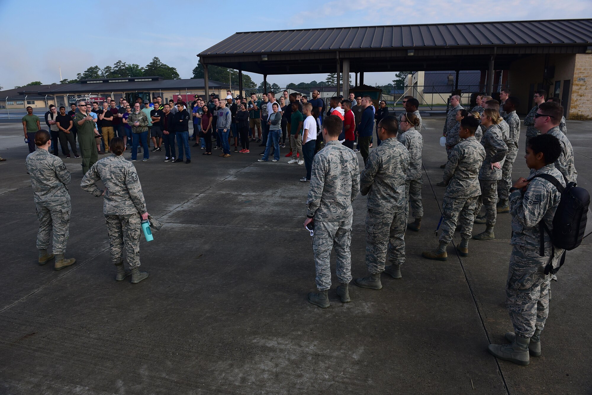 Participants of a Major Accident Response Exercise receive a pre-exercise briefing, May 10, 2017, at Seymour Johnson Air Force Base, North Carolina. The exercise allowed members of the 4th Fighter Wing to make improvements and strengthen skills in the event of a real-world crisis. (U.S. Air Force photo by Airman 1st Class Kenneth Boyton)