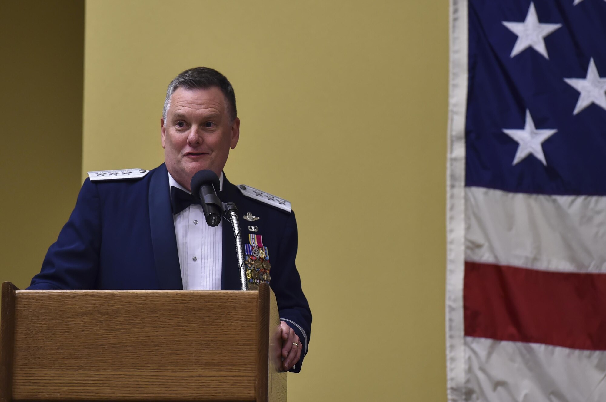 Lt. Gen. Brad Webb, commander of Air Force Special Operations Command, speaks during AFSOC’s 2016 Outstanding Airmen of the Year banquet at Hurlburt Field, Fla., May 10, 2017. The award winners toured Hurlburt Field May 8 and 9 before being honored at the annual awards banquet held May 10 to celebrate their accomplishments. (U.S. Air Force photo by Airman 1st Class Joseph Pick)
