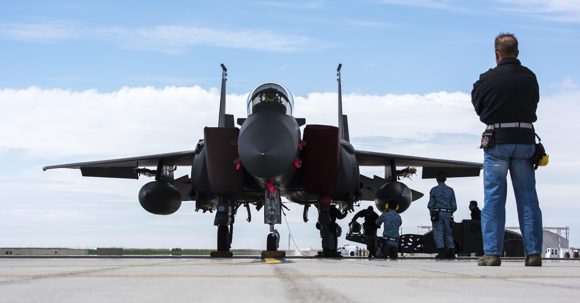The Republic of Singapore Air Force prepares for operation Combat Hammer May, 1, 2017, at Mountain Home Air Force Base, Idaho. The exercise was a squadron wide effort in preparation to get their F-15SG's to Utah for training. (U.S. Air Force photo by Senior Airman Jeremy L. Mosier/Released)