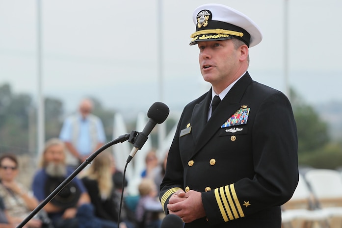 141111-N-HW977-692 NORCO, Calif. (Nov. 11, 2014) Capt. Stephen H. Murray, commanding officer of Naval Surface Warfare Center (NSWC), Corona Division, speaks during George A. Ingalls Veterans Memorial Plaza Dedication. The 1.5-acre site, built over the previous five months, is named for Ingalls, the Norco resident who in died in 1967 in Vietnam when he threw himself on a grenade to save his squad and posthumously was awarded the Congressional Medal of Honor. (U.S. Navy photo by Greg Vojtko/Released)