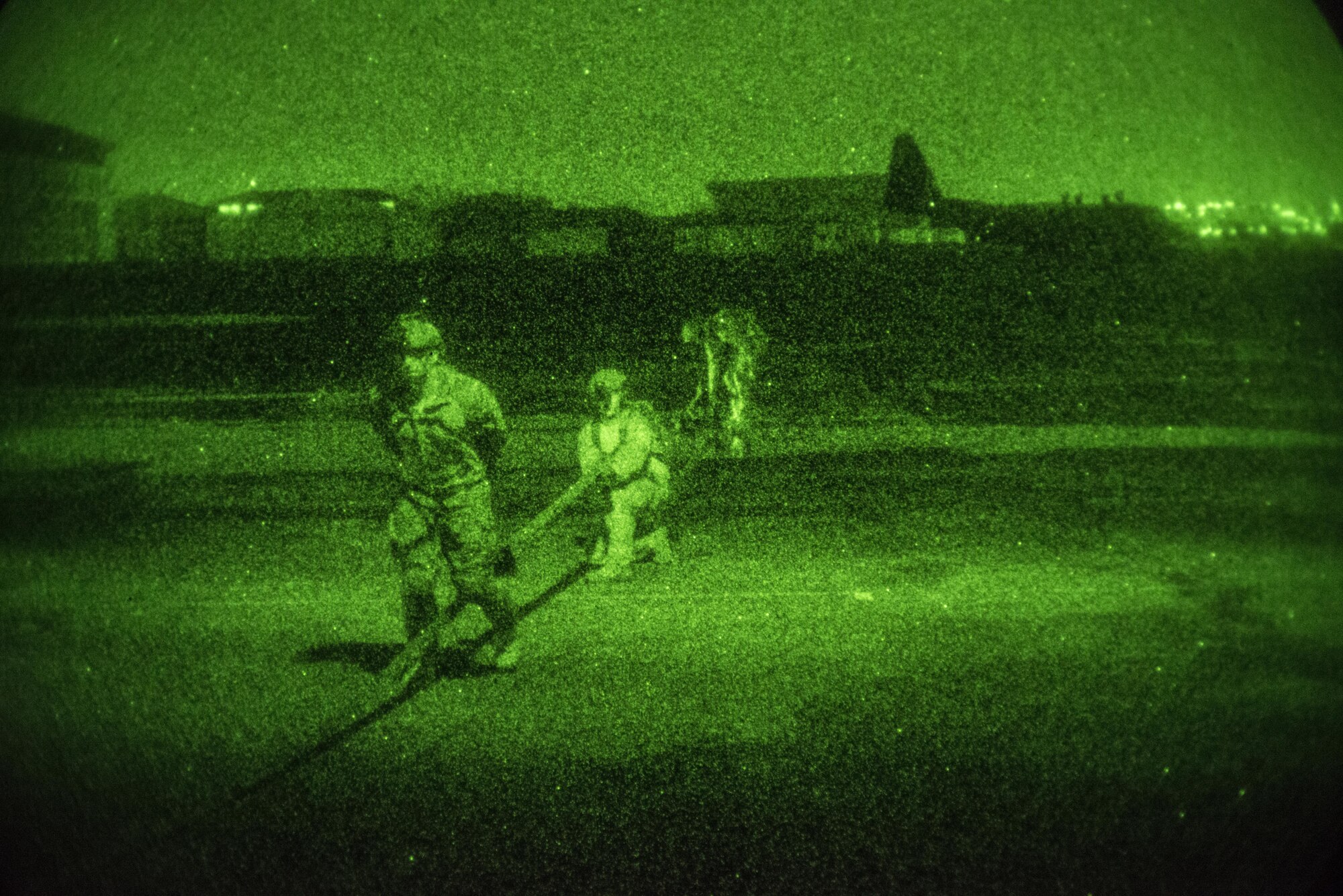 U.S. Air Force 18th Logistics Readiness Squadron forward area refueling point (FARP) technicians reload refueling equipment onto a U.S. Air Force MC-130J Commando II following a FARP operation with a U.S. Army MH-47G Chinook assigned to the 160th Special Operations Aviation Regiment, April 1, 2017 at Daegu Air Base, Republic of Korea. The FARP operations performed during Foal Eagle 2017 demonstrate the covert and nighttime refueling options available in situations where traditional refueling capabilities are not feasible. (U.S. Air Force photo by Capt. Jessica Tait)