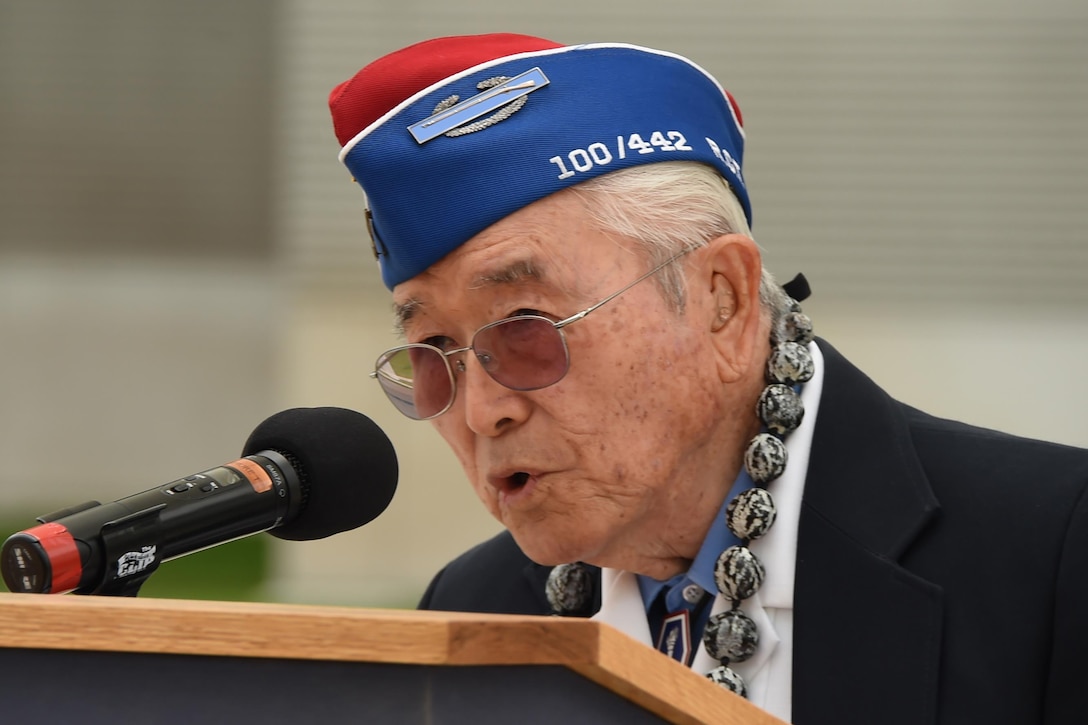 World War II veteran Yoshio C. Nakamura describes his experience in a Japanese internment camp before enlisting in the 442nd Regimental Combat Team, an all Japanese-American unit, during an Asian American and Pacific Islander Heritage Month event at Los Angeles Air Force Base in El Segundo, Calif., May 9, 2017. Air Force photo by Sarah Corrice