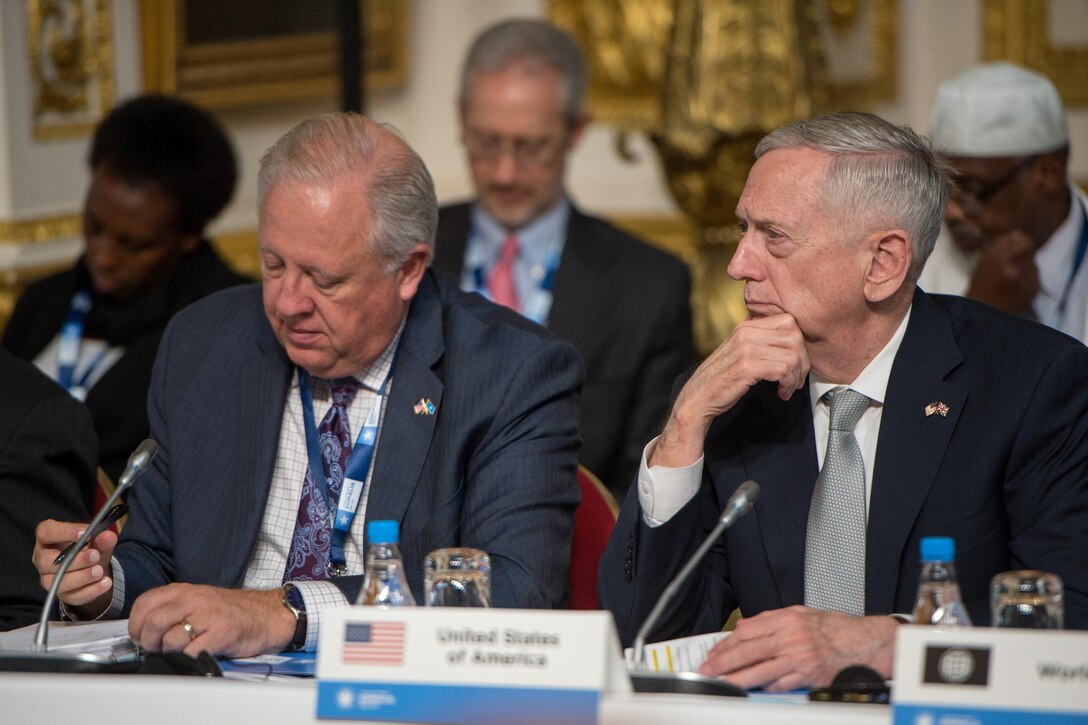 Defense Secretary Jim Mattis and Thomas Shannon, undersecretary of state for political affairs, attend the London Somalia Conference at Lancaster House in London, May 11, 2017. DoD photo by Air Force Staff Sgt. Jette Carr