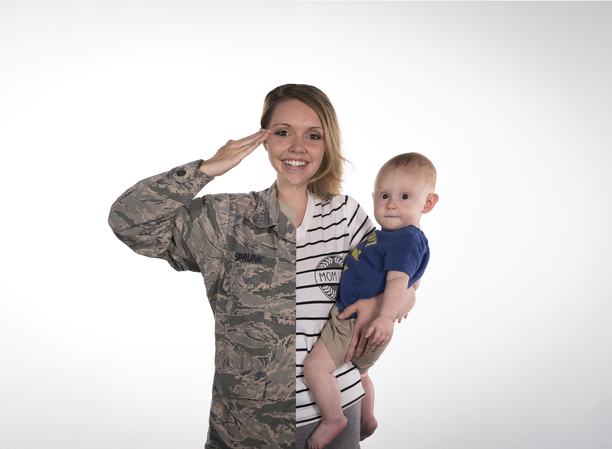Airman 1st Class Lauren Sprunk, 23d Wing photojournalist, and her son, Jayce, pose for a photo illustration, May 11, 2017, at Moody Air Force Base, Ga., in honor of mothers who serve in the military. (U.S. Air Force photo illustration by Airman 1st Class Lauren M. Sprunk and Senior Airman Janiqua Robinson)
