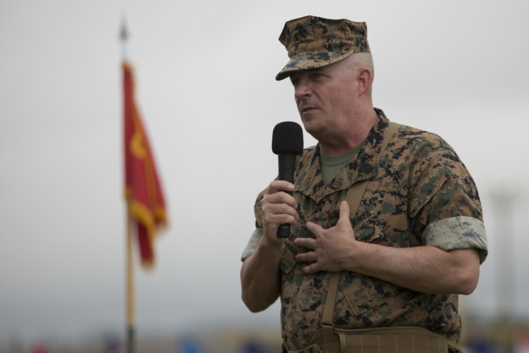 Sgt. Maj. Lee D. Bonar Jr. says farewell during his relief, appointment, and retirement ceremony at Camp Hansen, Okinawa, Japan, May 12, 2017. Sgt. Maj. Mario A. Marquez, a native of Lakewood, California, took his place as the III Marine Expeditionary Force sergeant major. Bonar, who enlisted out of Wheeling, West Virginia, retired after 32 years of honorable and faithful service. 
