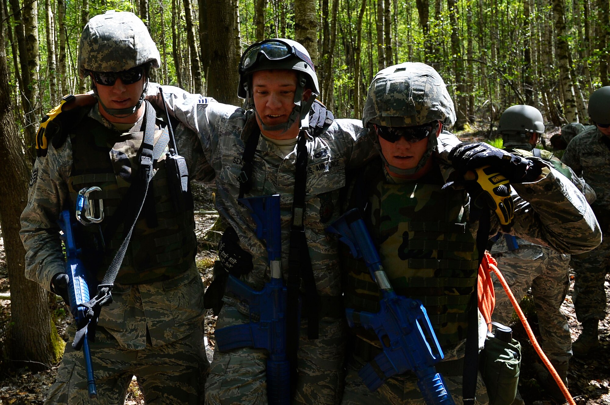 Airmen from various Air National Guard units conduct a casualty retrieval operation during an exercise on Ramstein Air Base, Germany, May 10, 2017. Silver Flag is a contingency readiness exercise which aims to enhance the Air Force’s contingency response readiness, and includes both classroom instruction and on-the-field application. (U.S. Air Force photo by Airman 1st Class Joshua Magbanua)