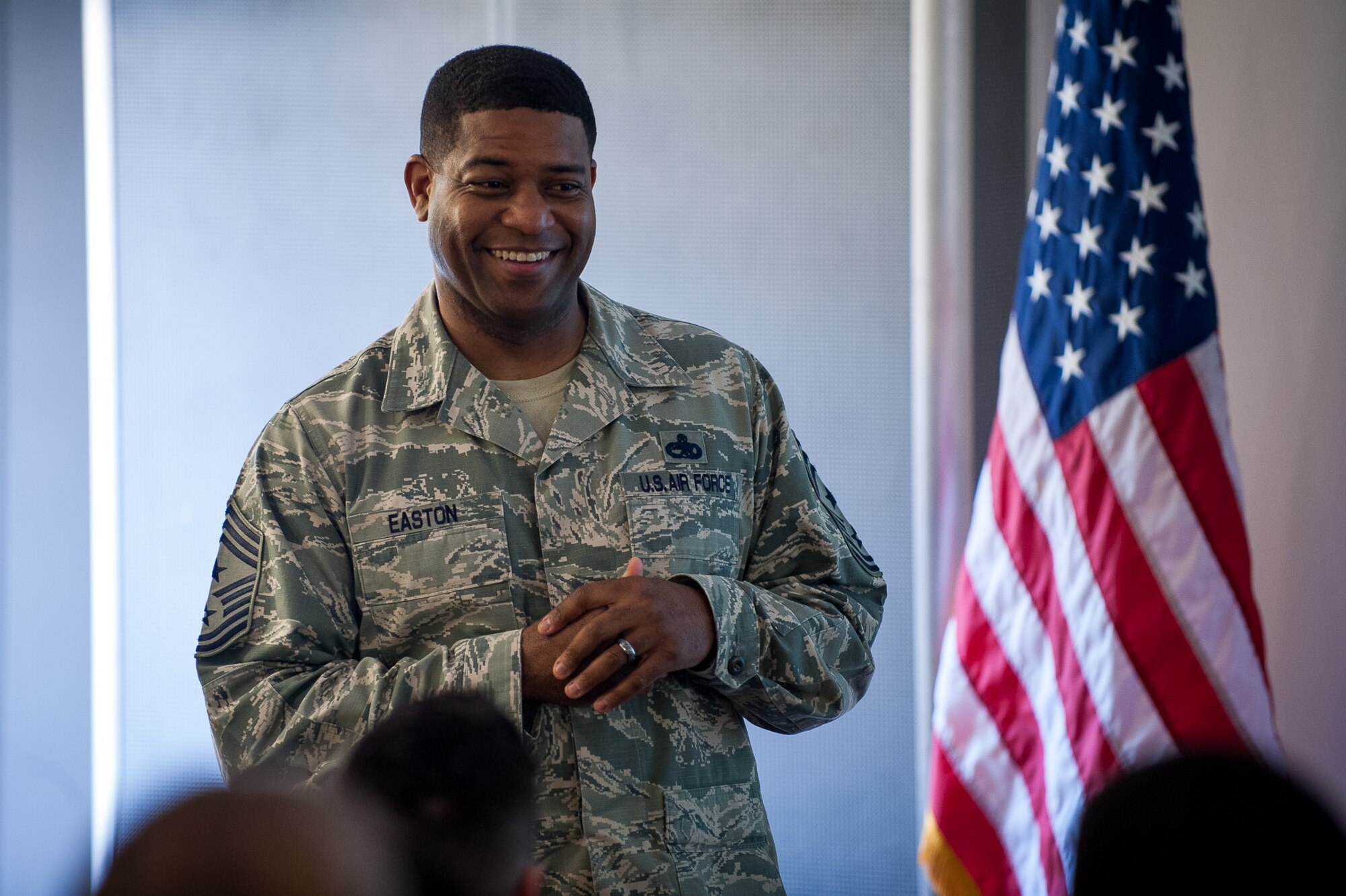 U.S. Air Force Chief Master Sgt. Phillip L. Easton, U.S. Air Forces in Europe Air Forces Africa command chief, speaks to NCOs during the Atlantic Stripe course at the USAFE Conference Center on Ramstein Air Base, Germany, May 9, 2017. Easton shared experiences he had with past supervisors and encouraged the NCOs to strive to be better than their former supervision. (U.S. Air Force photo by Senior Airman Devin Boyer/Released)