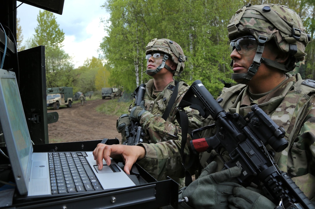 Army Sgts. Dulan Haher, left, and Michael Ventura align a radar system while establishing a tactical operations center during Saber Junction 17 at the Hohenfels Training Area, Germany, May 4, 2017. Haher and Ventura are assigned to Company D, Regimental Engineer Squadron, 2nd Cavalry Regiment. Saber Junction 17 is the U.S. Army Europe’s 2nd Cavalry Regiment’s certification exercise, taking place at the Joint Multinational Readiness Center, with nearly 4,500 participants from 13 NATO and European partner nations. Army photo by Sgt. John Cress Jr. 