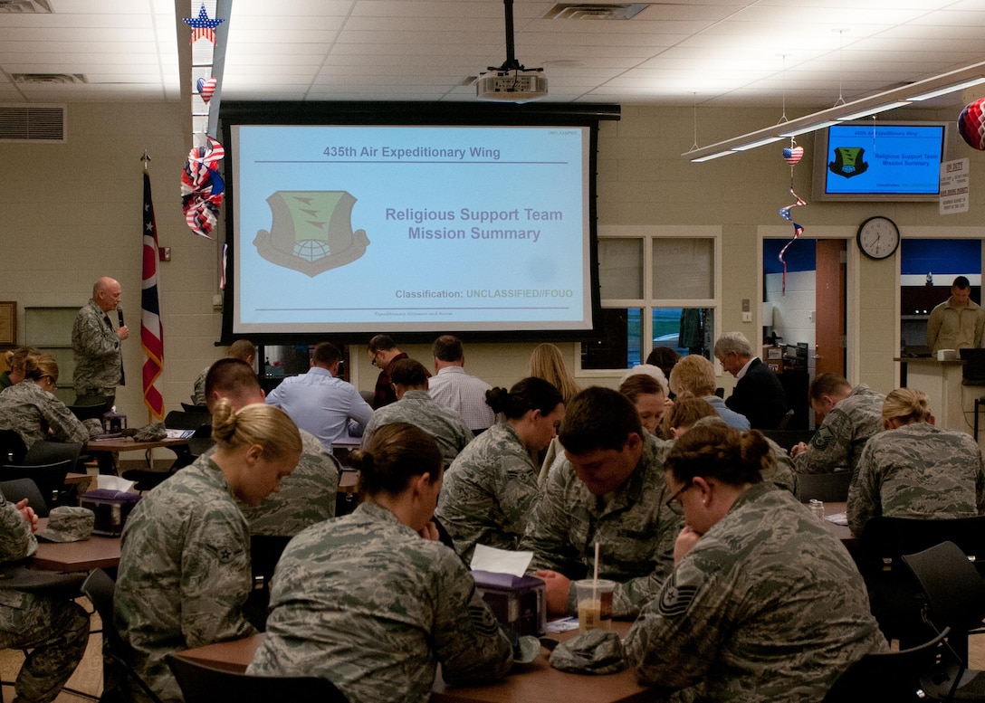 U.S. Air Force Lt. Col. Curtiss Wagner a chaplain with the 121st Air Refueling Wing, Ohio Air National Guard, says a prayer before the start of a breakfast held to celebrate the National Day of Prayer May 4, 2017 at Rickenbacker Air National Guard Base. The National Day of Prayer is an annual event held on the first Thursday of May. (U.S. Air National Guard photo by Senior Airman Ashley Williams)