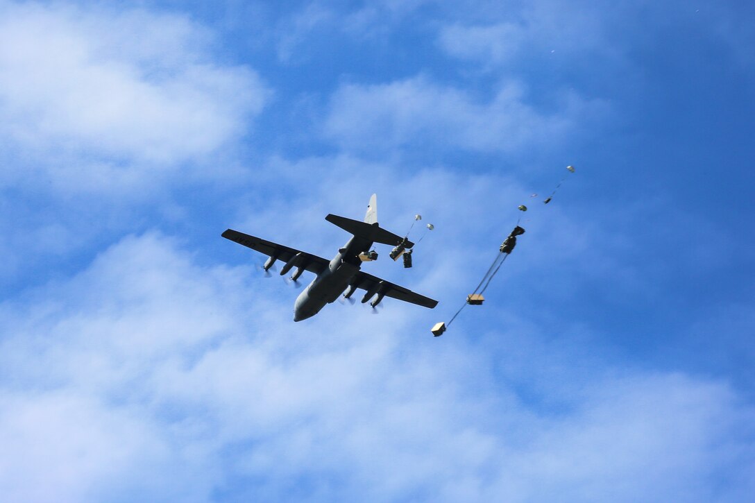 A C-130 Hercules aircraft conducts a resupply mission during Saber Junction 17 at the Army Training Command’s Hohenfels Training Area, Germany, May 5, 2017. 