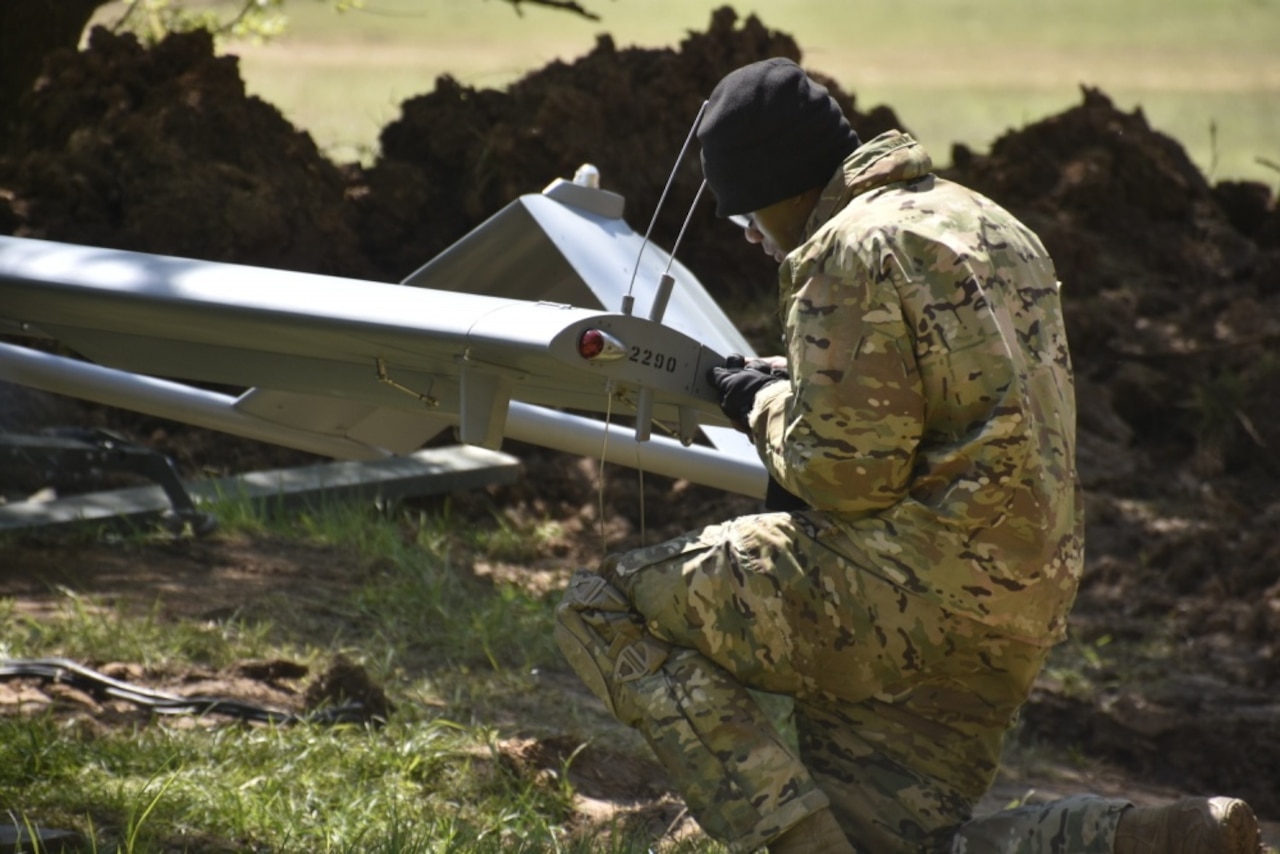 Army Sgt. Phillip Marlowe, unmanned aerial vehicle crew chief, UAV Platoon, Delta Troop, Regimental Engineer Squadron, 2nd Cavalry Regiment, prepares the RQ-7B Shadow Tactical Unmanned Aircraft System for launch during the Saber Junction 17 Exercise at Hohenfels Training Area, Germany, May 10, 2017. Saber Junction 17 is the U.S. Army Europe's combat training center certification exercise for the 2nd Cavalry Regiment, taking place at the Joint Multinational Readiness Center in Hohenfels from April 25 to May 19. The exercise is designed to assess the readiness of the regiment to conduct unified land operations, with a particular emphasis on rehearsing the transition from garrison to combat operations and exercising operational and tactical decision-making skills. Saber Junction 17 includes nearly 4,500 participants from 13 NATO and European partner nations. Army photo by Sgt. Devon Bistarkey