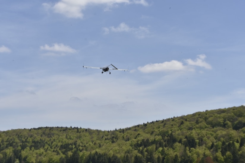 A Shadow Tactical Unmanned Aircraft System takes to the air during the Saber Junction 17 exercise at Hohenfels Training Area, Germany, May 10, 2017. Saber Junction 17 includes nearly 4,500 participants from 13 NATO and European partner nations. Photo by Army Sgt. Devon Bistarkey