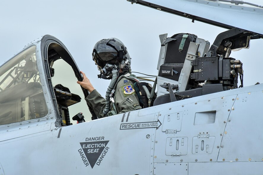 An A-10 Thunderbolt II pilot assigned to the 75th Fighter Squadron, Moody Air Force Base, Georgia, prepares for flight May 2 at Hill AFB, Utah. Moody Airmen and aircraft were at Hill AFB participating in the precision-guided air-to-ground weapons evaluation exercise, Combat Hammer. (U.S. Air Force/R. Nial Bradshaw)