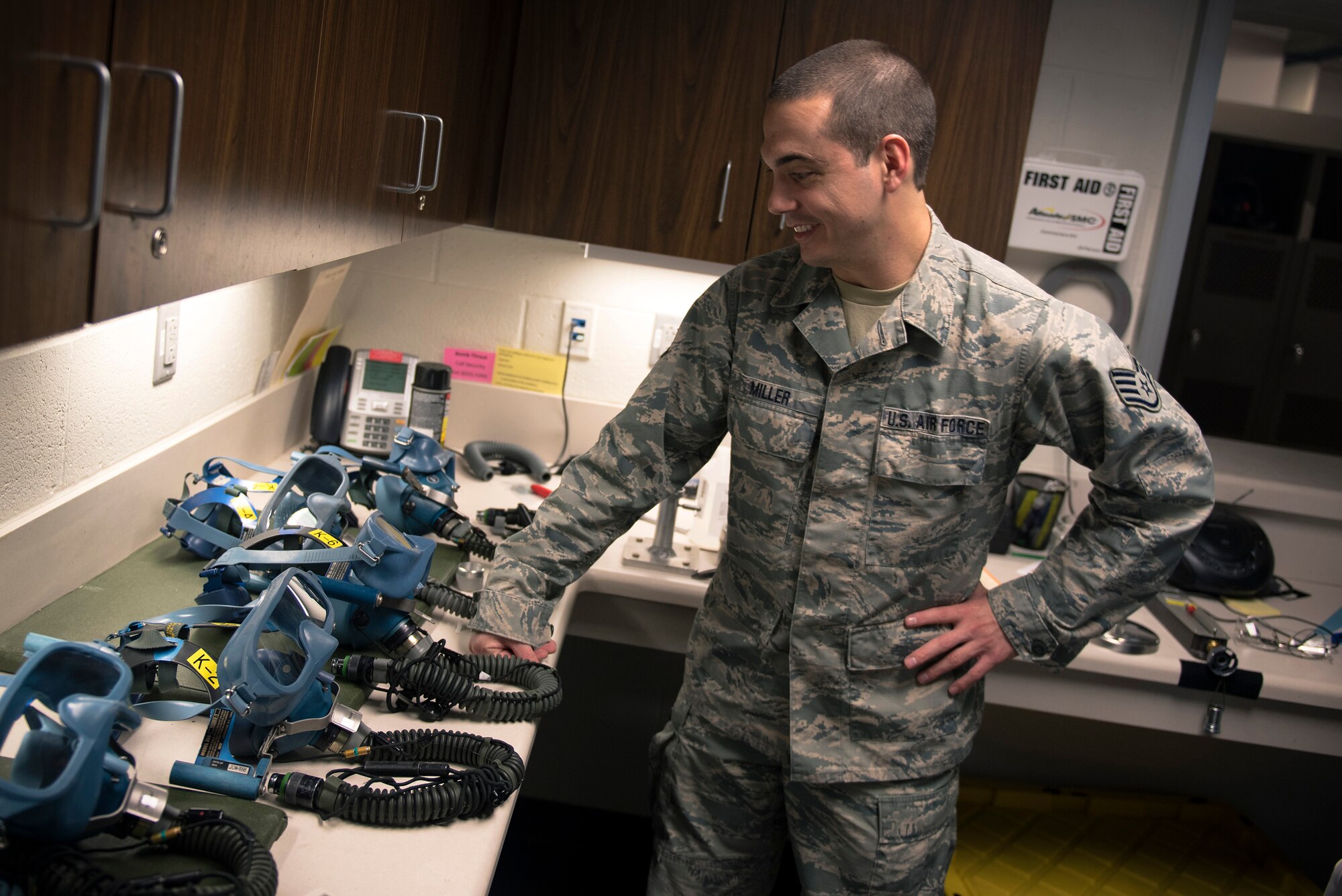 U.S. Air Force Staff Sgt. Ryan Miller, an aircrew flight equipment craftsman with the 182nd Operations Support Squadron, Illinois Air National Guard, inspects oxygen masks in Peoria, Ill., May 6, 2017. Aircrew flight equipment specialists inspect and maintain flight and survival equipment, such as helmets, parachutes and night-vision goggles. (U.S. Air National Guard photo by Tech. Sgt. Lealan Buehrer)