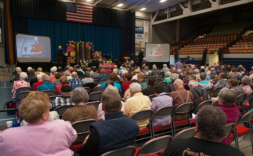 Retired Minot citizens attend the Salute to Seniors event in Minot, N.D., May 9, 2017. The 21st annual event was Mardi Gras themed and included music from the Magic City Campus jazz band. (U.S. Air Force photo/Airman 1st Class Jonathan McElderry)