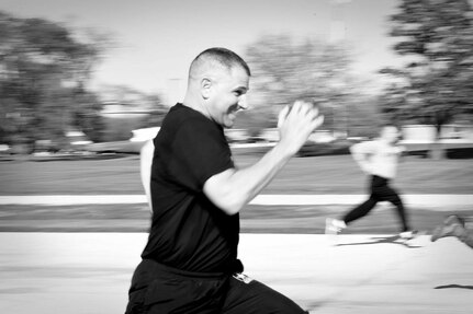 Lt. Col. Daniel Jaquint, Chief of Staff, 85th Support Command, runs a relay race with headquarters staff Soldiers during unit physical training at the command’s weekend battle assembly, May 6, 2017.(Photo by Sgt. Aaron Berogan)

