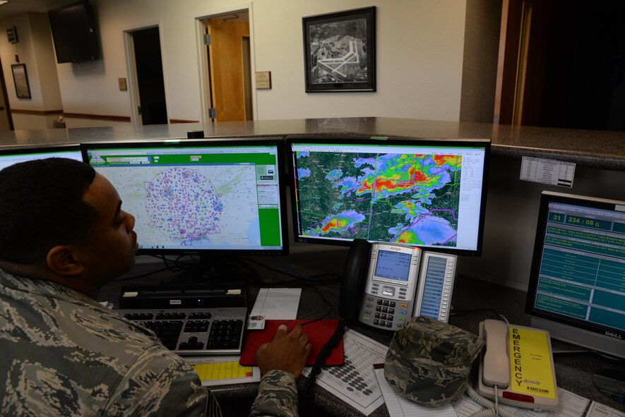 Staff Sgt. Ramon Curtis, 14th Operations Support Squadron Non-Commissioned Officer in Charge of Mission Services, reviews a storm cell May 4, 2017, at Columbus Air Force Base, Mississippi. The weather team monitors the weather of wherever the pilots in training fly. (U.S. Air Force photo by Airman 1st Class Beaux Hebert)