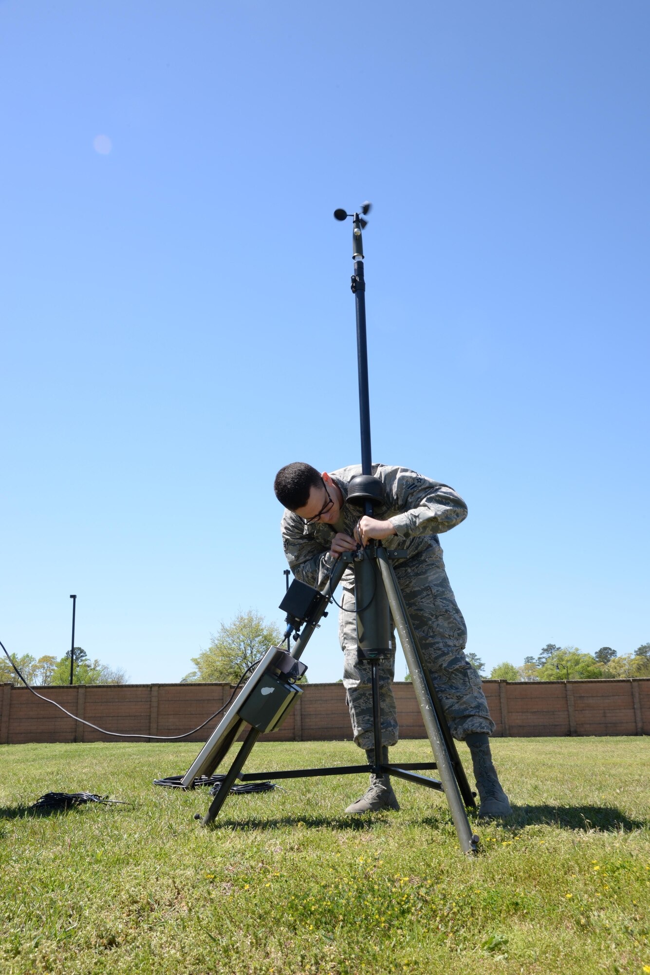 Airman 1st Class Micah Shenk, 14th Operations Support Squadron Weather Flight apprentice, trains on conducting maintenance checks and cleaning a Tactical Meteorological Equipment-53 Sensor April 5, 2016, at Columbus Air Force Base, Mississippi. The flight uses different technology to cover a 300 nautical-mile area in order to give accurate forecasts. (U.S. Air Force photo by Senior Airman John Day)