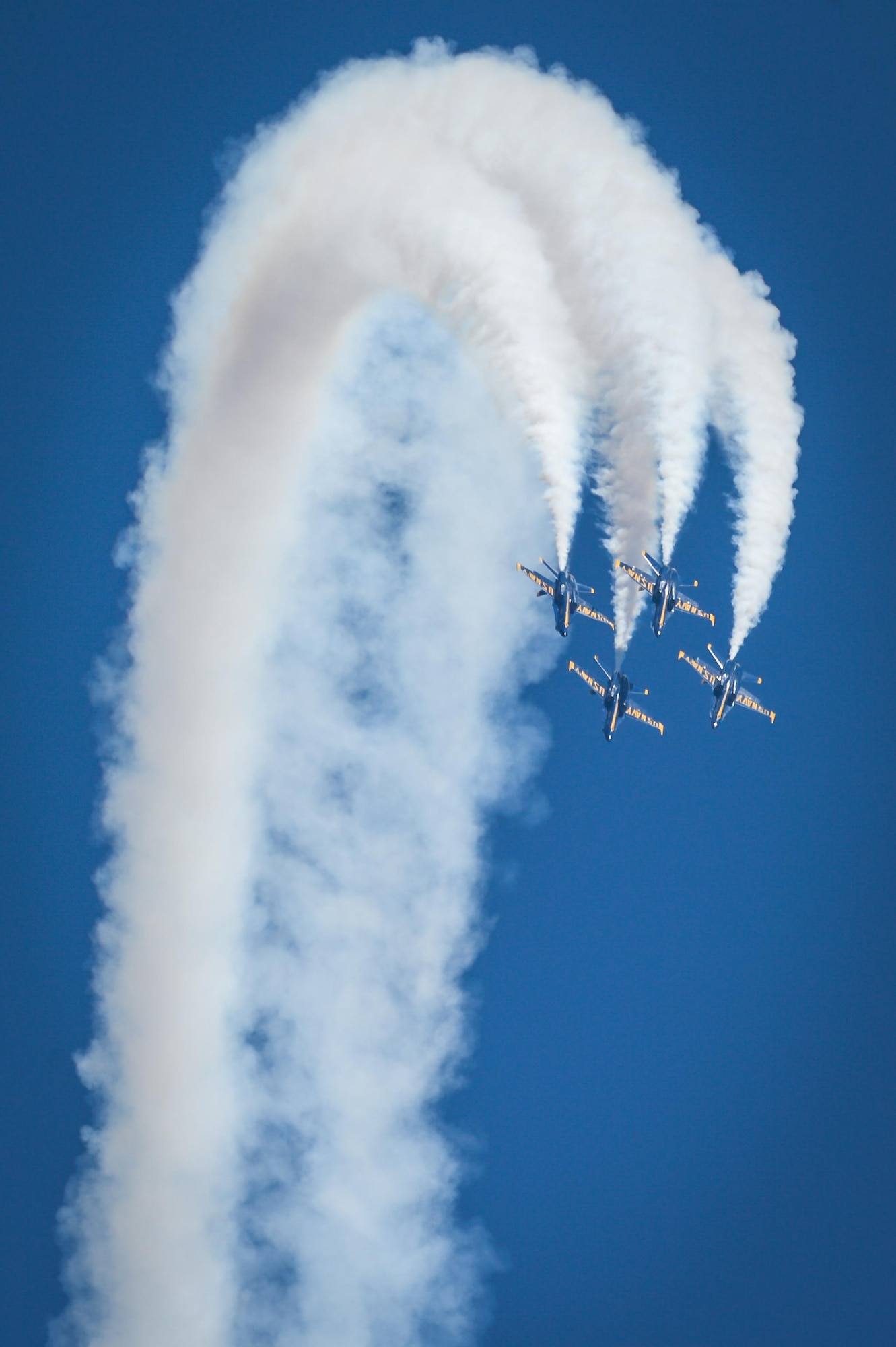 The U.S. Navy Flight Demonstration Team Blue Angels perform aerobatic maneuvers for spectators at the 2017 Barksdale Air Force Base Airshow, May 7. The mission of the Blue Angels is to showcase the pride and professionalism of the United States Navy and Marine Corps by inspiring a culture of excellence and service to country through flight demonstrations and community outreach. (U.S. Air Force photo/Senior Airman Mozer O. Da Cunha)