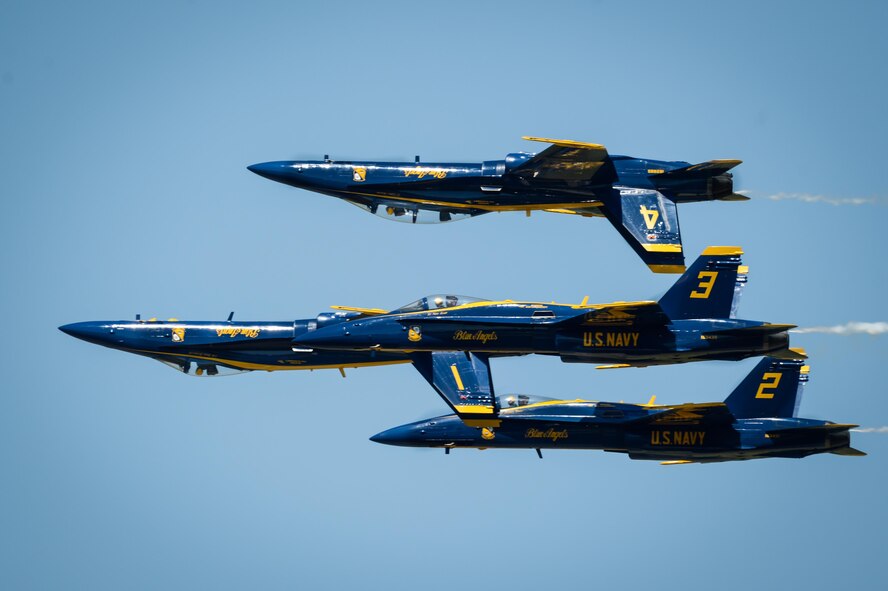 The U.S. Navy Flight Demonstration Team Blue Angels perform aerobatic maneuvers for spectators at the 2017 Barksdale Air Force Base Airshow, May 7. The mission of the Blue Angels is to showcase the pride and professionalism of the United States Navy and Marine Corps by inspiring a culture of excellence and service to country through flight demonstrations and community outreach. (U.S. Air Force photo/Senior Airman Mozer O. Da Cunha)