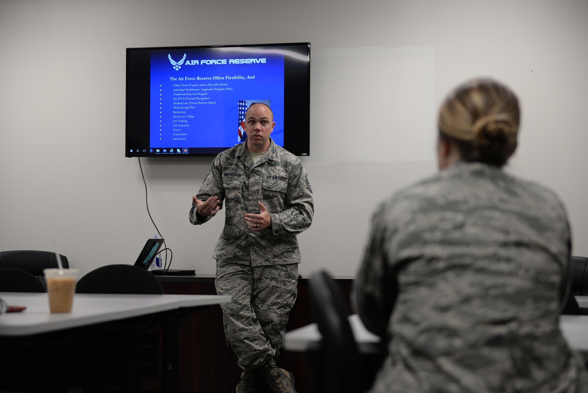Master Sgt. Dustin Ballingham, 908th Airlift Wing Recruiting Squadron Recruiter, briefs Airmen May 10, 2017, at Columbus Air Force Base, Mississippi. Ballingham talked about the Air Force Reserve Command, programs for transitioning, the benefits the Reserves has to offer and more. (U.S. Air Force photo by Senior Airman John Day)