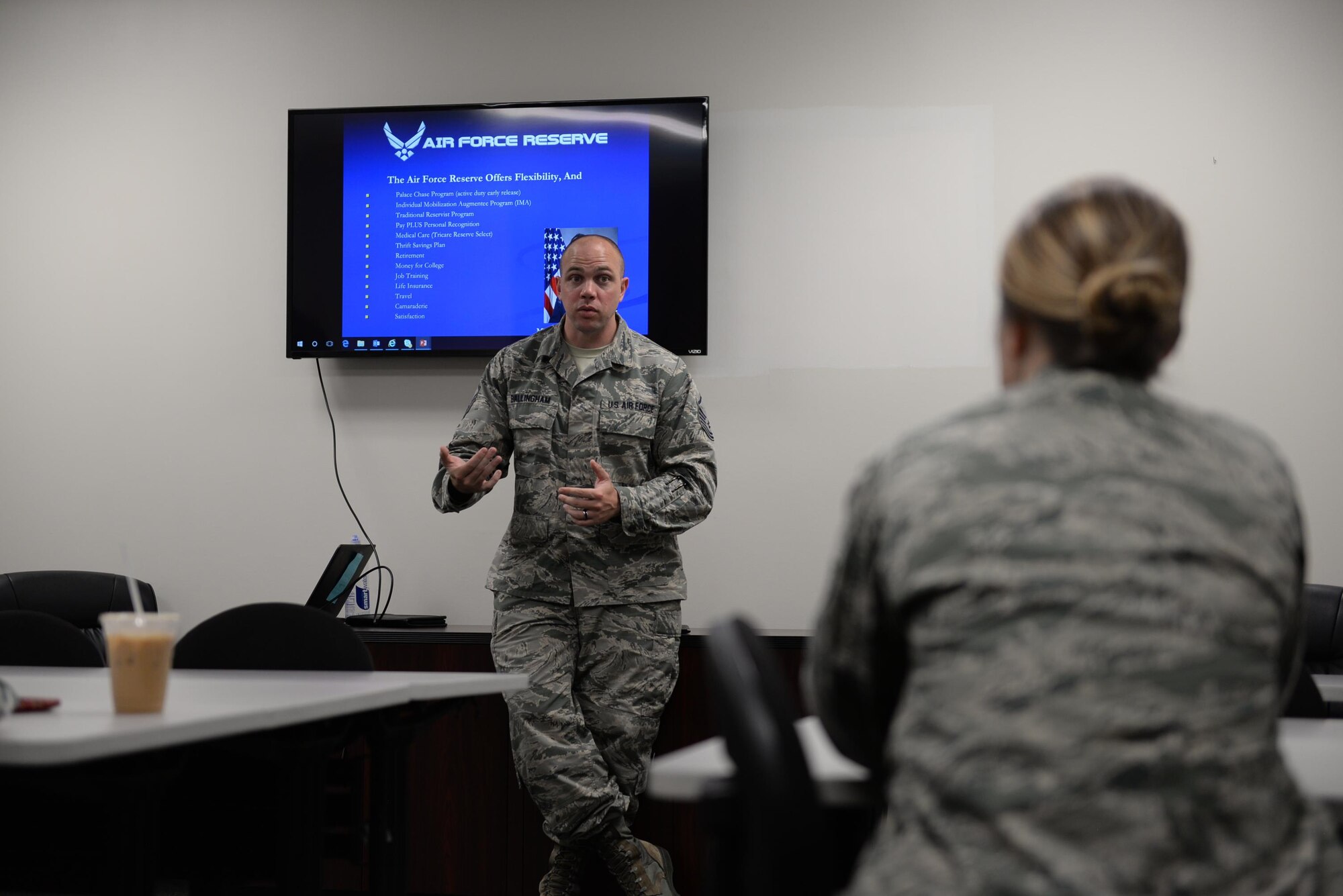 Master Sgt. Dustin Ballingham, 908th Airlift Wing Recruiting Squadron Recruiter, briefs Airmen May 10, 2017, at Columbus Air Force Base, Mississippi. Ballingham talked about the Air Force Reserve Command, programs for transitioning, the benefits the Reserves has to offer and more. (U.S. Air Force photo by Senior Airman John Day)