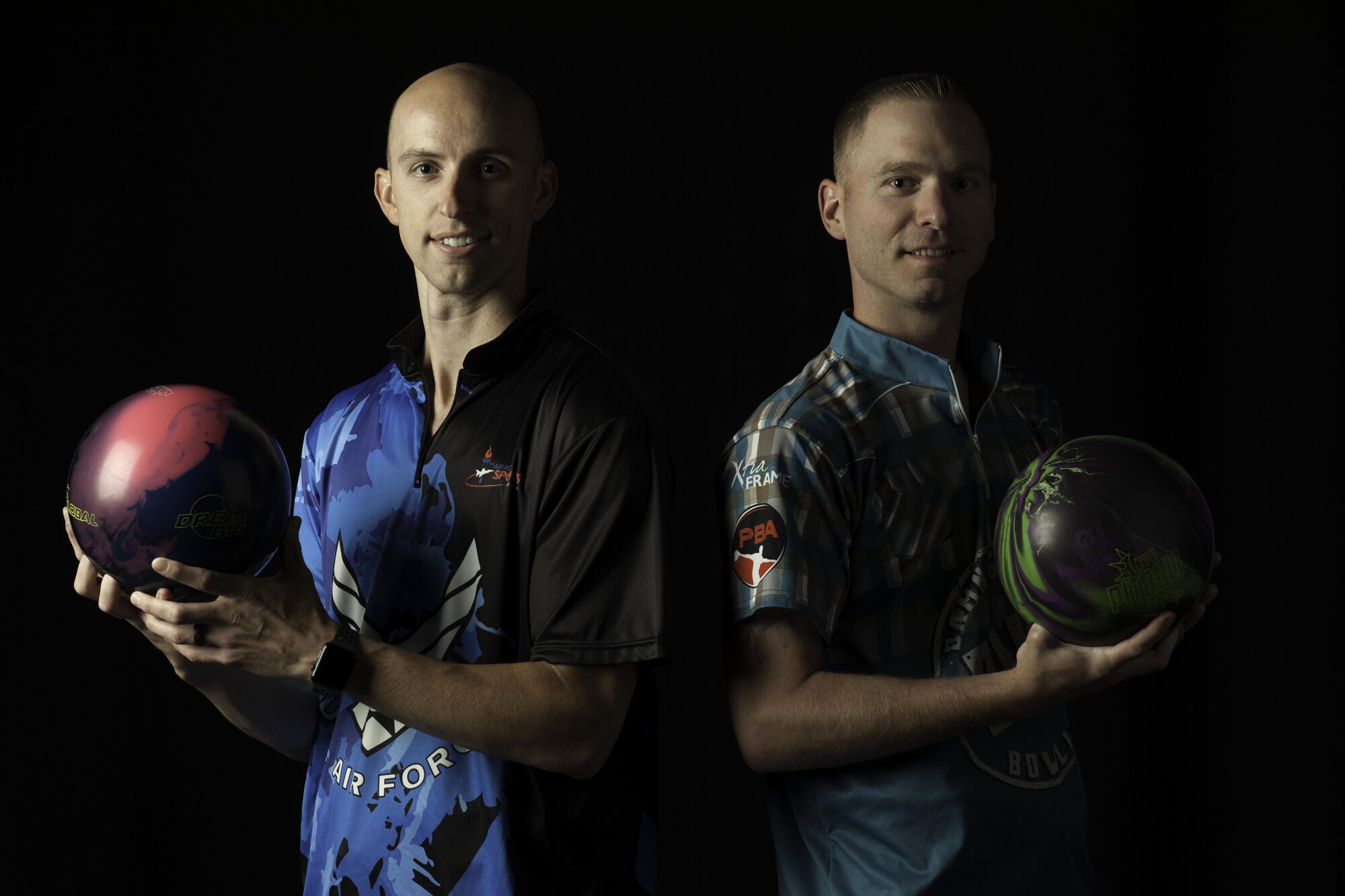 2nd Lt. Joshua Cramer, 576th Flight Test Squadron special weapons officer in charge and Tech Sgt. Edward Caldwell Jr., 1st Air and Space Test Squadron mission assurance NCOIC, May 11, 2017, Vandenberg Air Force Base, Calif. Cramer and Caldwell recently attended the All-Air Force Bowling Team Trial Camp at Camp Pendleton, May 2 through 5, Oceanside, Calif., with a chance to represent the Air Force in the Armed Forces Championship at stake. (U.S. Air Force photo by Senior Airman Robert J. Volio/Released)
