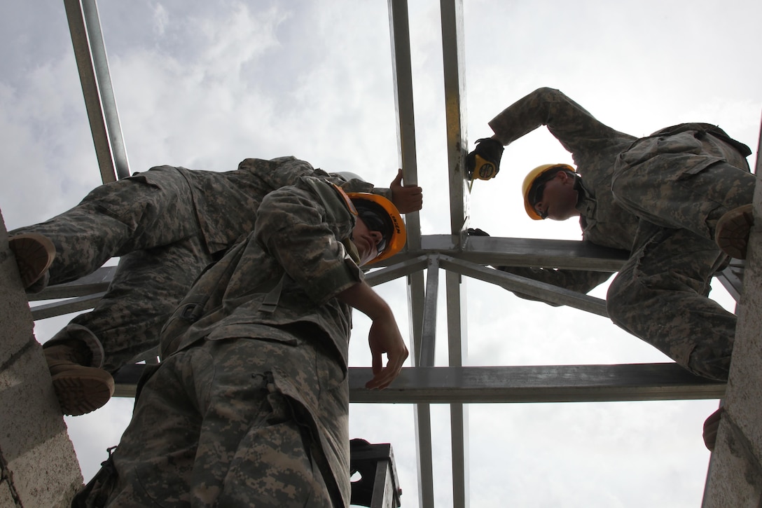 U.S. Soldiers, with the 485th Engineer Company, set a support beam for the roof of the future medical clinic in Double Head Cabbage, Belize, May 10, 2017. Soldiers with the 485th are building the clinic as a part of Beyond the Horizon 2017. BTH 2017 is a U.S. Southern Command-sponsored, Army South-led exercise designed to provide humanitarian and engineering services to communities in need, demonstrating U.S. support for Belize. (U.S. Army Photo by Sgt. Joshua E. Powell)