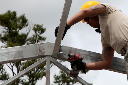 U.S. Army Spc. Marcus Valadez, with the 485th Engineer Company, bolts down the support beam for the roof of the future medical clinic in Double Head Cabbage, Belize, May 10, 2017. This is one of five construction projects to take place in Belize for Beyond the Horizon 2017, a U.S. Southern Command-sponsored, Army South-led exercise designed to provide humanitarian and engineering services to communities in need, demonstrating U.S. support for Belize. (U.S. Army Photo by Sgt. Joshua E. Powell)