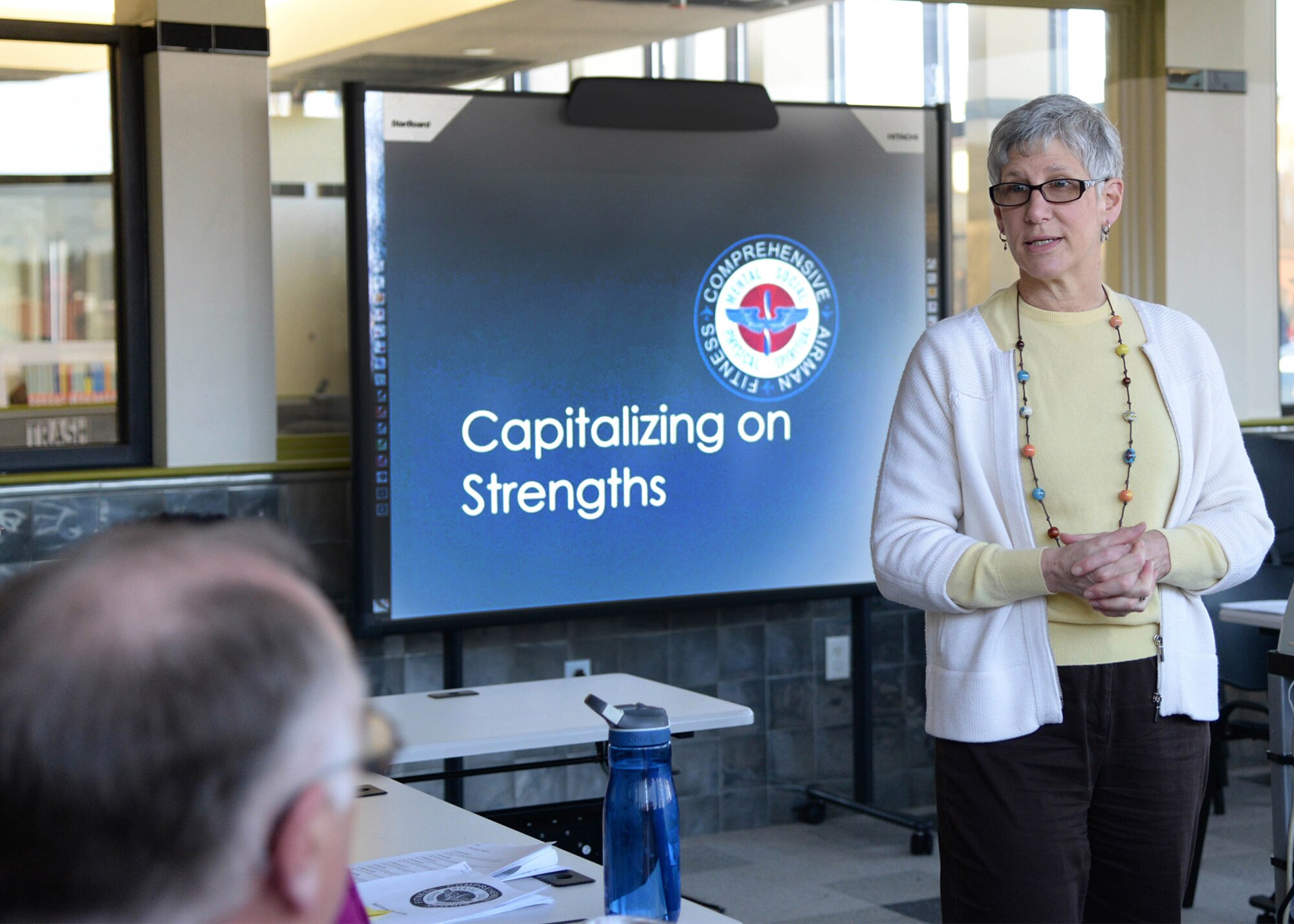 Carolyn McCafferty, Hanscom's community support coordinator, teaches a resiliency class for members of the community at Hanscom Air Force Base, Mass., March 29. In her role as community support cooridnator, McCafferty leads a cross-functional team of support agencies as part of the Integrated Delivery System, or "H2O - Hanscom's Helping Organizations." (U.S. Air Force photo by Linda LaBonte Britt)