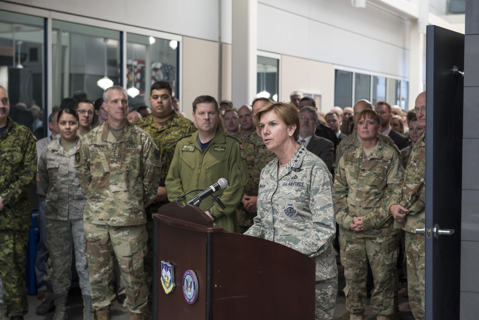 U.S. Air Force General Lori J. Robinson, Commander of the North American Aerospace Defense Command and U.S. Northern Command offers opening remarks during NORAD’s 59th Anniversary Celebration on Peterson AFB, CO May 12th. (DoD Photo by: N&NC Public Affairs/Released)