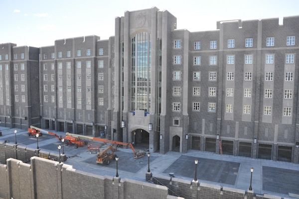 Front exterior of Davis Barracks under construction. U.S. Military Academy West Point.