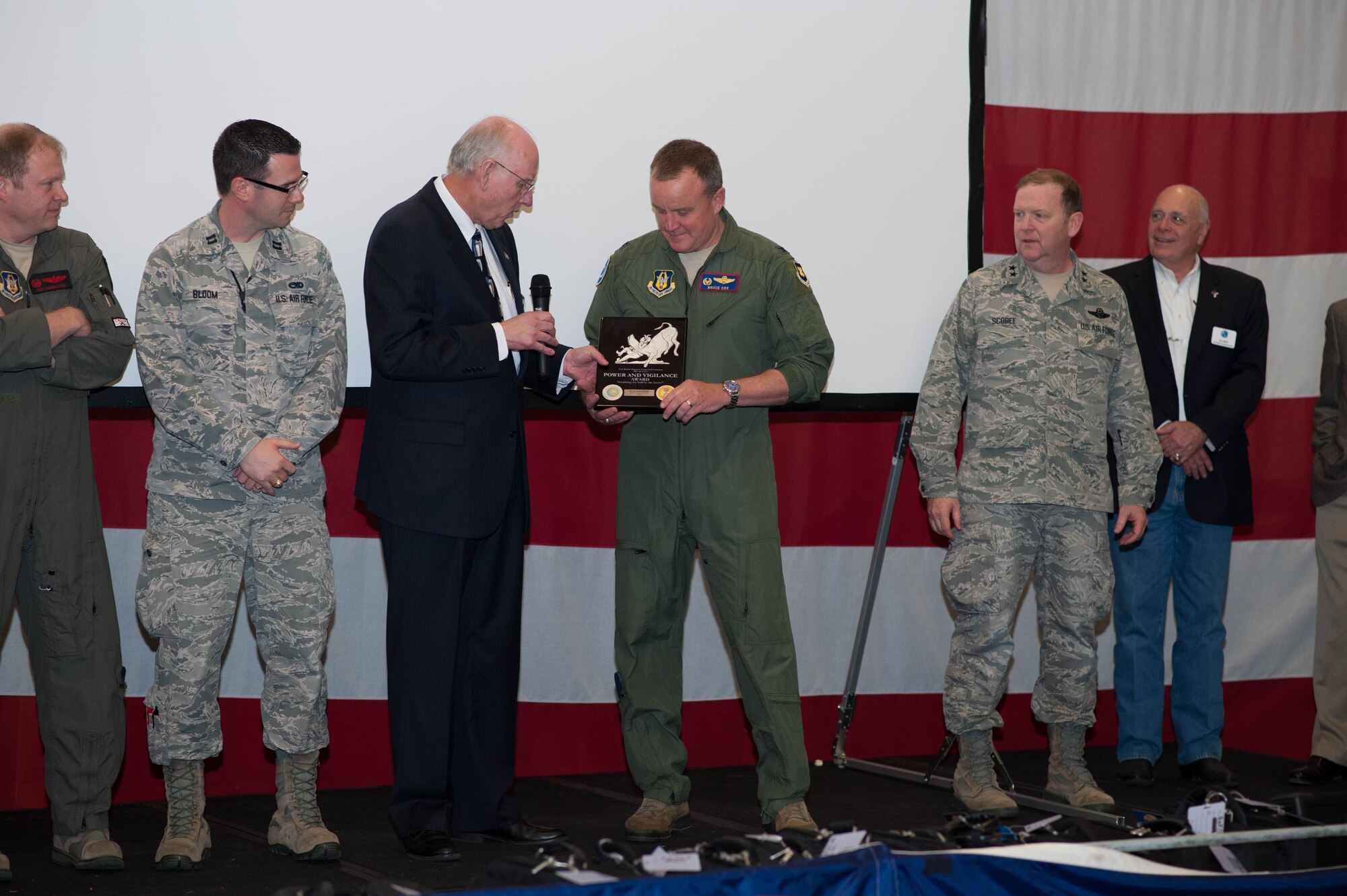 Members of the 307th Bomb Wing celebrate after winning the Tenth Air Force Power and Vigilance Award, which is given to the unit that best exhibits the NAF mission as "the premier provider of affordable, integrated, flexible, and mission-ready Citizen Airmen to execute power and vigilance missions in support of U.S. National security." (U.S. Air Force photo/Maj. Rodney Ellison)