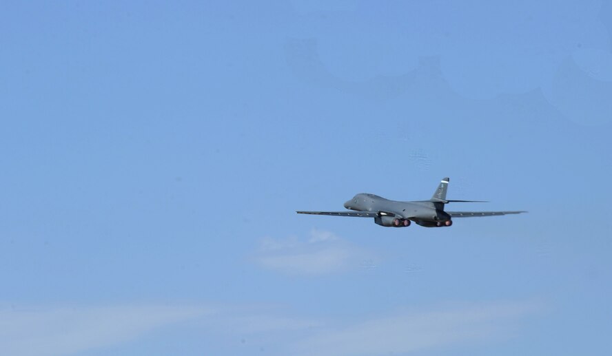 A U.S. Air Force B1-B Lancer takes off at Dyess Air Force Base, Texas, May 11, 2017. These highly versatile, multi-mission weapon system platforms support missions all over the globe to include performing the Continuous Bomber Presence mission in the Pacific theater and drug interdiction operations for U.S. Southern Command.  (U.S. Air Force photo by Airman Kylee Thomas)