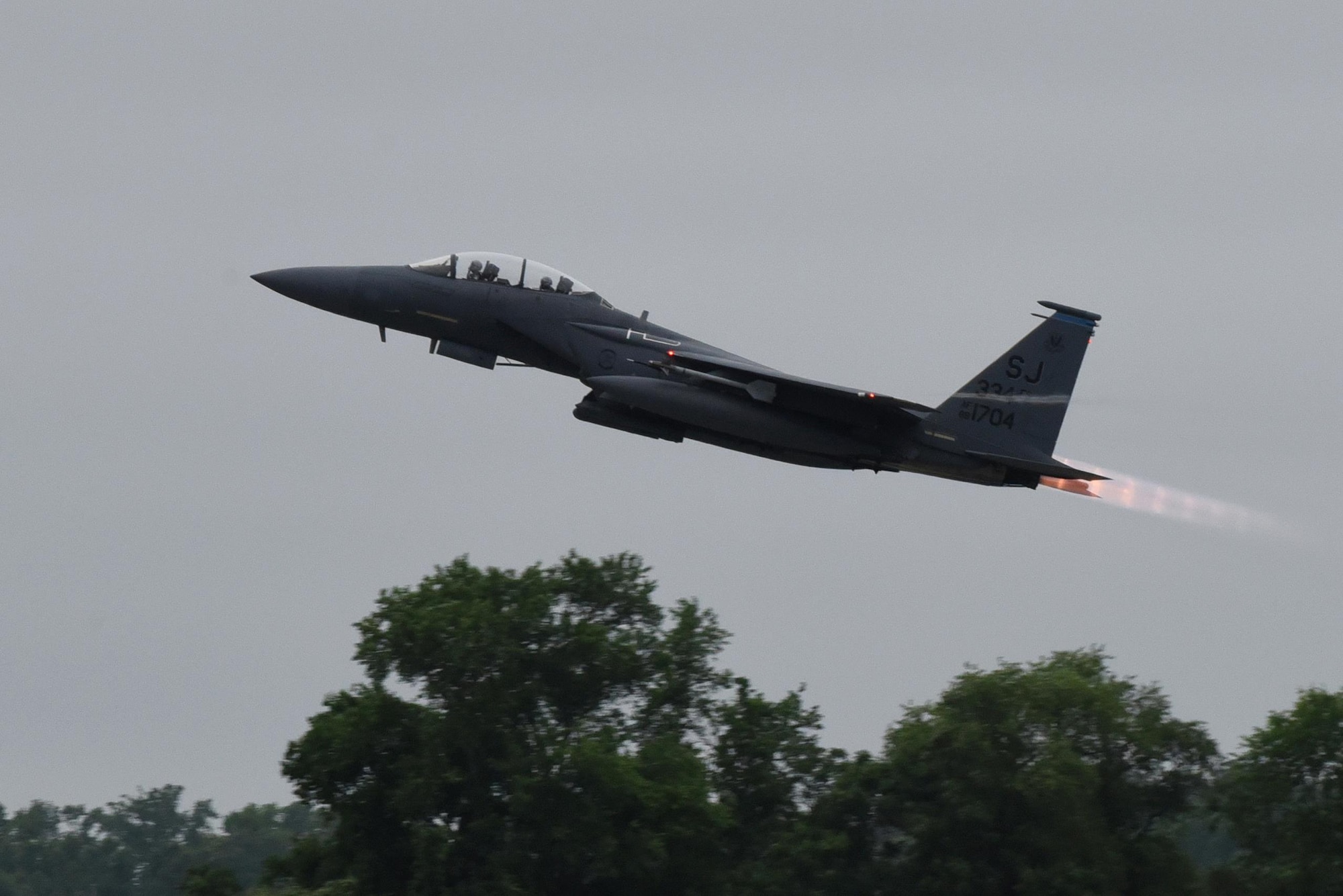 An F-15E Strike Eagle takes off to participate in exercise Razor Talon, May 12, 2017, at Seymour Johnson Air Force Base, North Carolina. The Strike Eagle is designed to complete air-to-air and air-to-ground missions. (U.S. Air Force photo by Airman 1st Class Victoria Boyton)