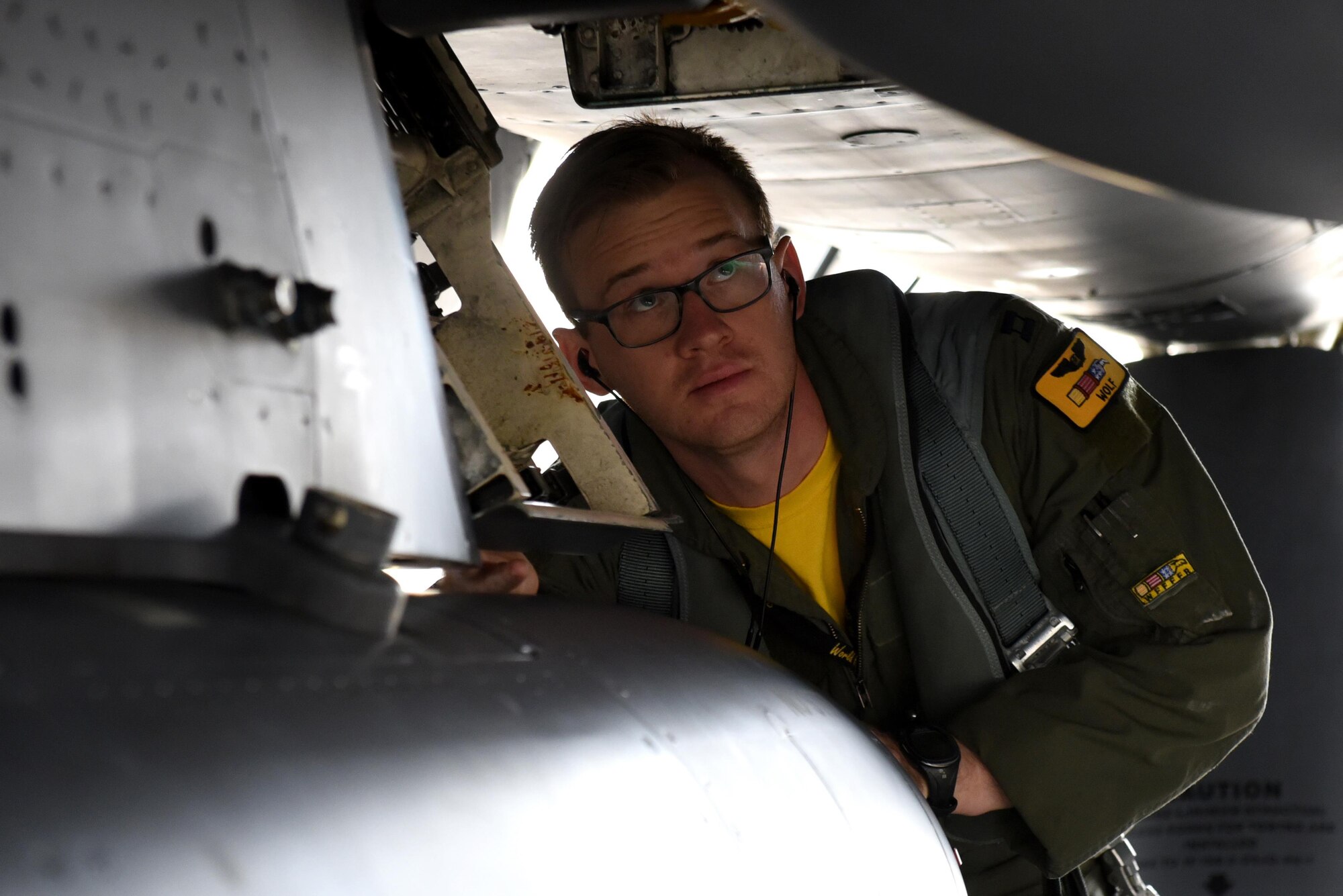 Capt. Michael D. Mosteller, 336th Fighter Squadron weapon systems officer, inspects an F-15E Strike Eagle, May 12, 2017, at Seymour Johnson Air Force Base, North Carolina. Mosteller inspected the Strike Eagle prior to taking off to participate in the monthly exercise Razor Talon. (U.S. Air Force photo by Airman 1st Class Victoria Boyton)