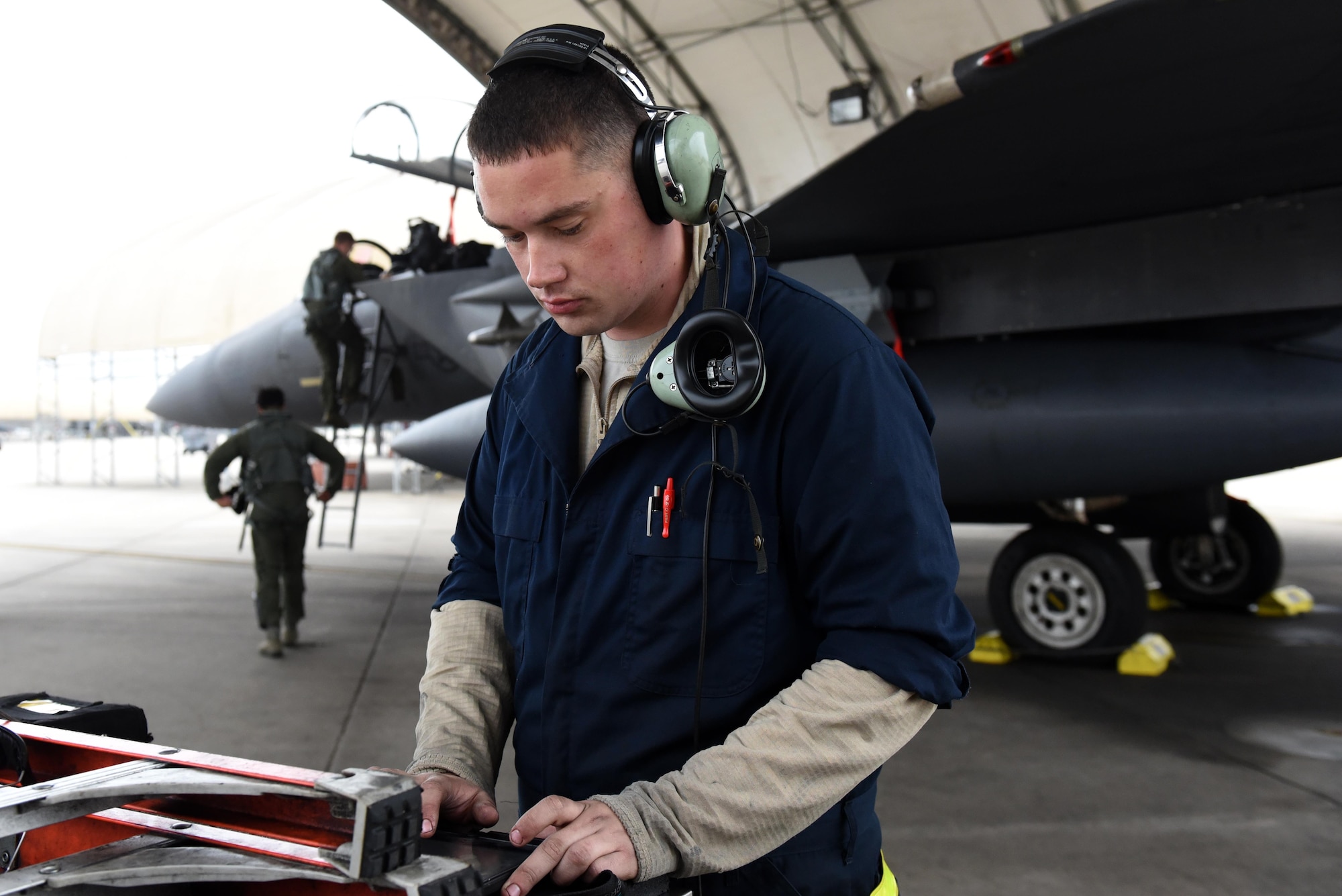 Senior Airman Nicholas Vanasse, 4th Aircraft Maintenance Squadron crew chief, conducts a pre-flight inspection during exercise Razor Talon, May 12, 2017, at Seymour Johnson Air Force Base, North Carolina. Both crew chiefs and aircrew conduct inspections before the Strike Eagle taxis to the end of the runway. (U.S. Air Force photo by Airman 1st Class Victoria Boyton)