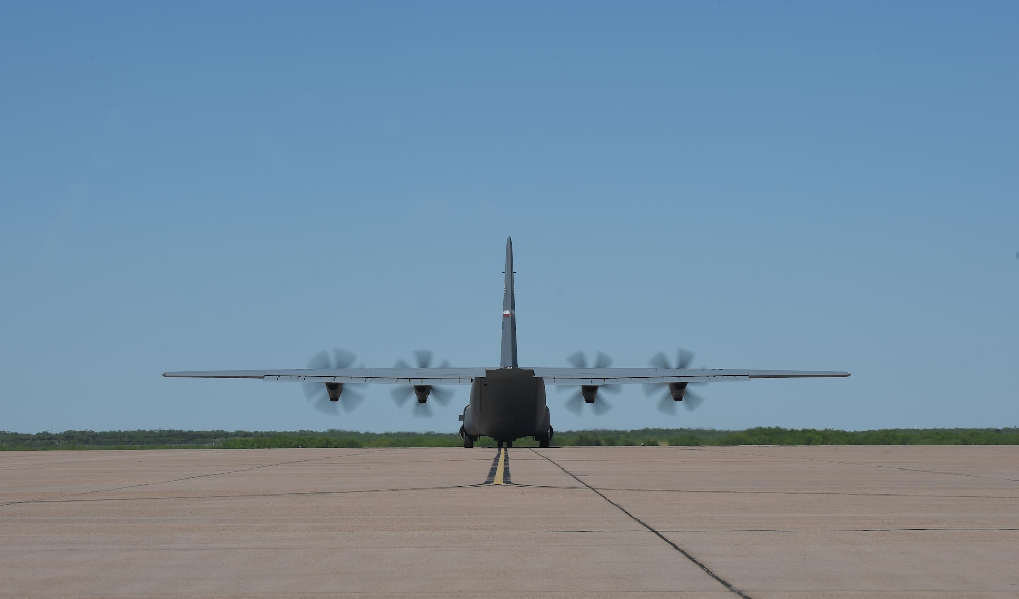 A C-130J Super Hercules taxis on the flight line on Dyess Air Force Base, Texas, May 6, 2017. Three C-130Js took off throughout the day to transport members of the 40th Airlift Squadron to Afghanistan where they will be deployed for four months and will relieve the 39th Airlift Squadron. (Photo by U.S. Air Force Senior Airman Alexander Guerrero) 