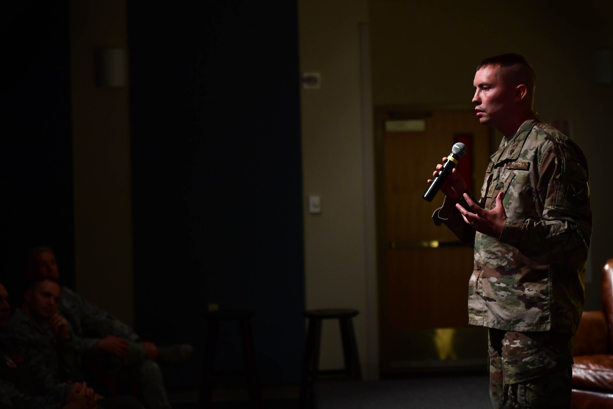 Master Sgt. Christopher, 68th Rescue Squadron firs sergeant, shares his personal experiences during the first Storytellers event May 10, 2017, at Creech Air Force Base, Nev. As a young Airman, Christopher lost his mother and grandfather while deployed. Afterwards, he faced administrative punishments for underage drinking following a night at the bar. A senior non-commissioned officer helped him through his struggles which lead him to become a first sergeant where he has helped Airmen.  