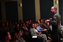 Col. David, 432nd Wing/432nd Air Expeditionary Wing vice commander, delivers the closing remarks after the first Storytellers event May 10, 2017, at Creech Air Force Base, Nev. Storytellers help Airmen connect with others through stories of overcoming adversity. (U.S. Air Force photo/Senior Airman Christian Clausen)