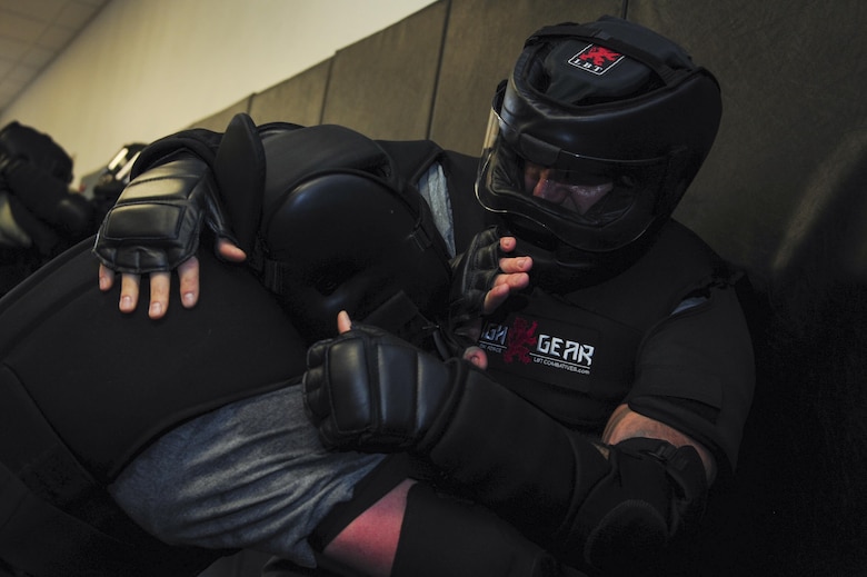 U.S. Air Force Survival, Evasion, Resistance and Escape specialists execute drills during a week-long Spontaneous Protection Enabling Accelerated Response System course at Davis-Monthan Air Force Base, Ariz., April 28, 2017. Tony Blauer, founder of Blauer Tactical Systems Inc., and SPEAR coach, instructed SERE specialists and other Guardian Angel counterparts in order to qualify them to teach the SPEAR System to personnel across the Air Force. (U.S. Air Force photo by Senior Airman Chris Drzazgowski)