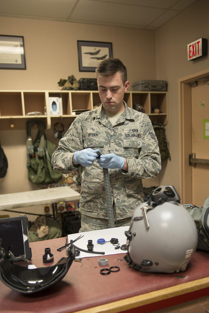 EIELSON AIR FORCE BASE, Alaska – U.S. Air Force Senior Airman Garrett Bryden, a 4th Operations Support Squadron aircrew flight equipment technician assigned to Seymour Johnson Air Force Base, N.C., performs maintenance on an oxygen mask May 4, 2017, during NORTHERN EDGE 2017 (NE17), at Eielson Air Force Base, Alaska. NE17 is Alaska’s premier joint training exercise designed to practice operations, techniques and procedures as well as enhance interoperability among the services. Thousands of participants from all the services, Airmen, Soldiers, Sailors, Marines and Coast Guardsmen from active duty, Reserve and National Guard units are involved. (U.S. Air Force photo/Staff Sgt. Ashley Nicole Taylor)